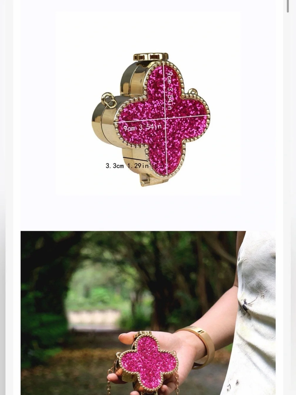 A Classy Chic Boutique Gold Clutch with Pink Glitter Clover.